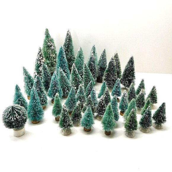 Set Of 46 Vintage Bottle Brush Trees Flocked Various Bases 2 - 6" - Picture 1 of 8